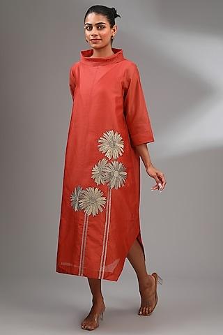 red chanderi embroidered midi a-line dress