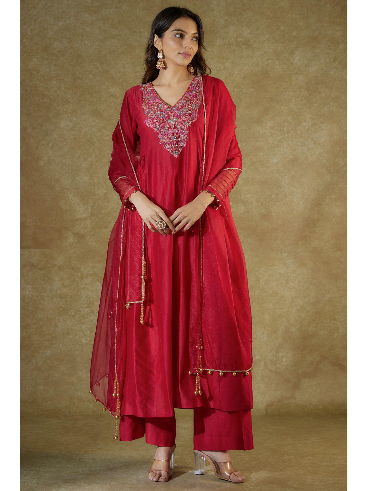 red chanderi embroidered pleated kurta and palazzo with dupatta