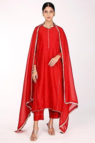 red chanderi embroidered tunic set