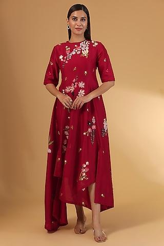 red chanderi floral applique work tunic