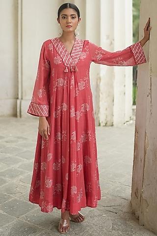 red chanderi floral printed anarkali set