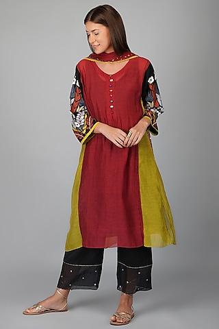 red chanderi georgette embroidered kalidar kurta set