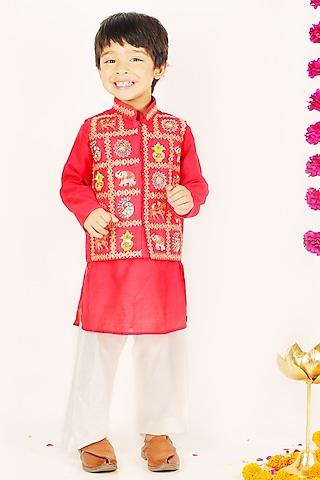 red chanderi gharchola waistcoat set for boys