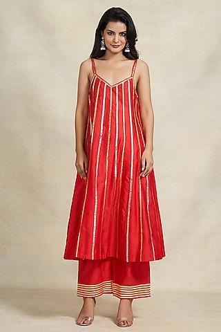red chanderi gota embroidered slip dress