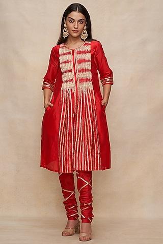 red chanderi gota work gathered tunic