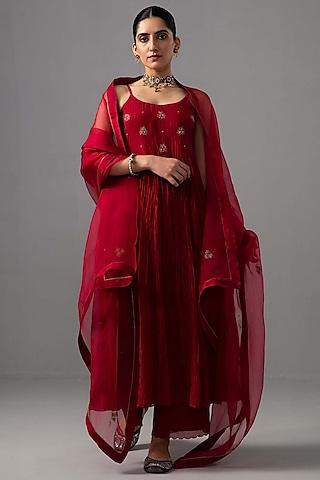 red chanderi hand embroidered anarkali set