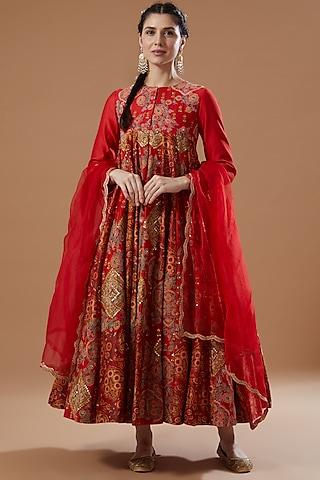 red chanderi kalidar anarkali set