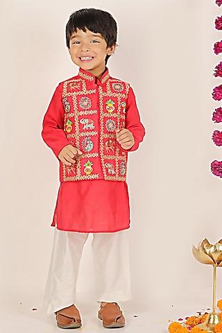 red chanderi kurta set with waistcoat for boys