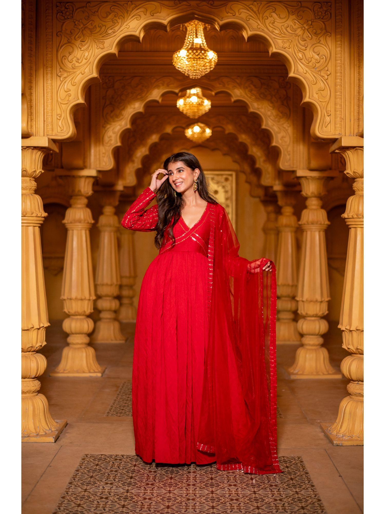 red chanderi long maxi dress & dupatta (set of 2)