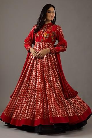 red chanderi machine embroidered anarkali set