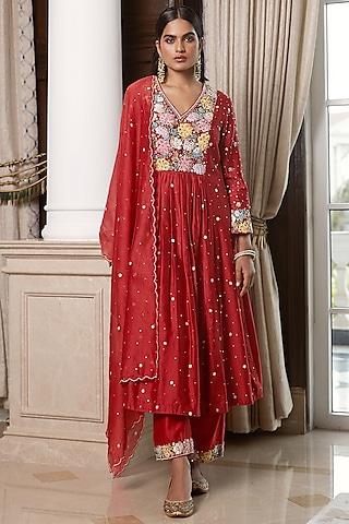 red chanderi mirror & sequins embroidered kurta set