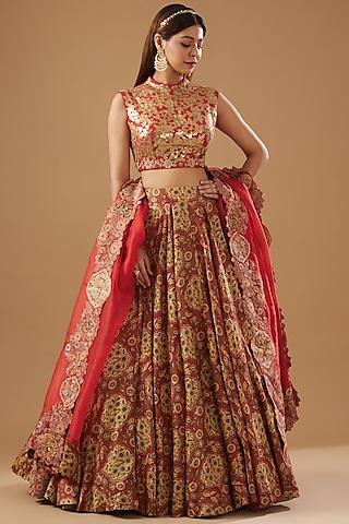 red chanderi mughal printed lehenga set