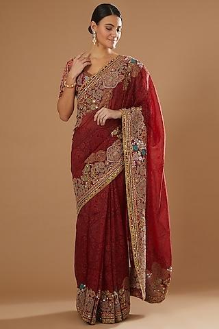 red chanderi mulmul organza mughal printed saree set