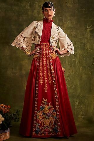 red chanderi panelled lehenga