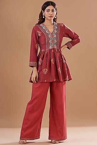 red chanderi printed & embroidered tunic set
