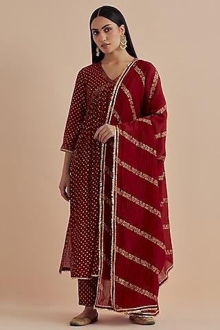 red chanderi printed anarkali set