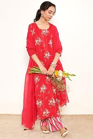 red chanderi printed kurta set