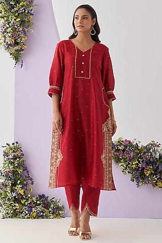 red chanderi resham embellished kurta set