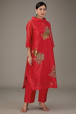 red chanderi sequins hand embroidered & floral printed tunic set