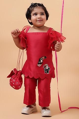 red chanderi silk & net hand embroidered kurta set for girls