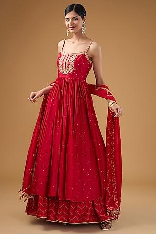 red chanderi silk & organza silk zardosi work anarkali set