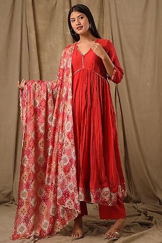 red chanderi silk anarkali set