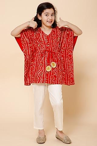 red chanderi silk bandhani printed kaftan set for girls