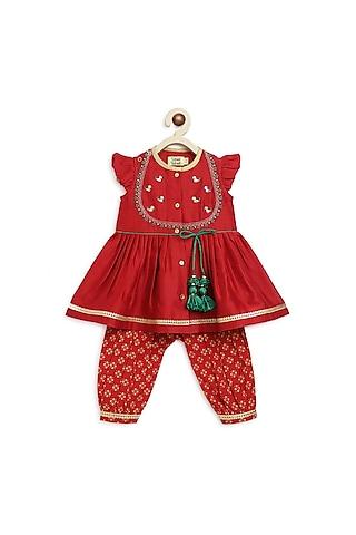 red chanderi silk embroidered angrakha kurta set for girls
