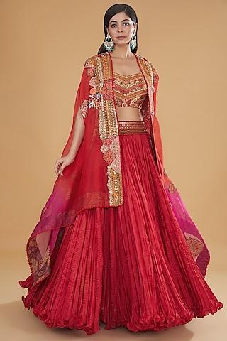 red chanderi silk embroidered crushed jacket lehenga set