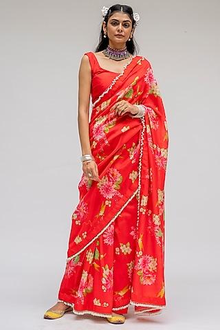 red chanderi silk floral digital printed saree set