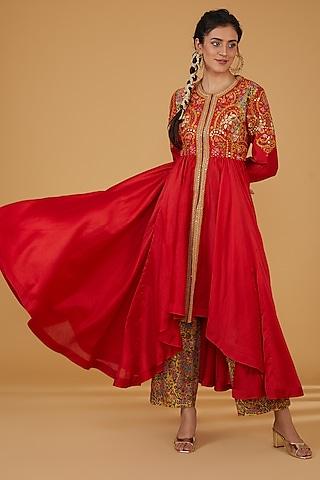 red chanderi silk mirror embroidered tunic set