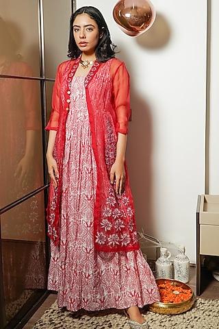 red chanderi silk printed & dori embroidered anarkali set