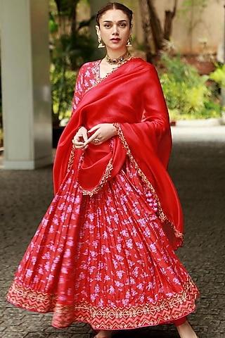 red chanderi silk printed & embroidered anarkali set