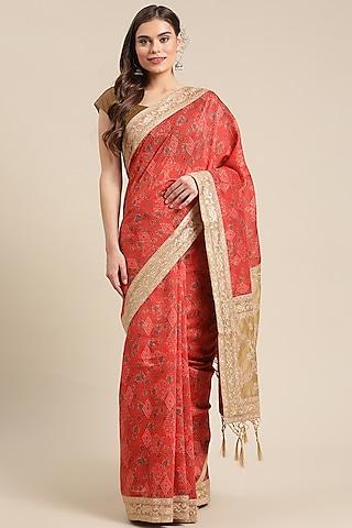 red chanderi silk printed saree