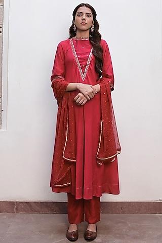 red chanderi silk sequins embroidered a-line kurta set