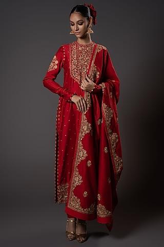 red chanderi silk zari embroidered kurta set
