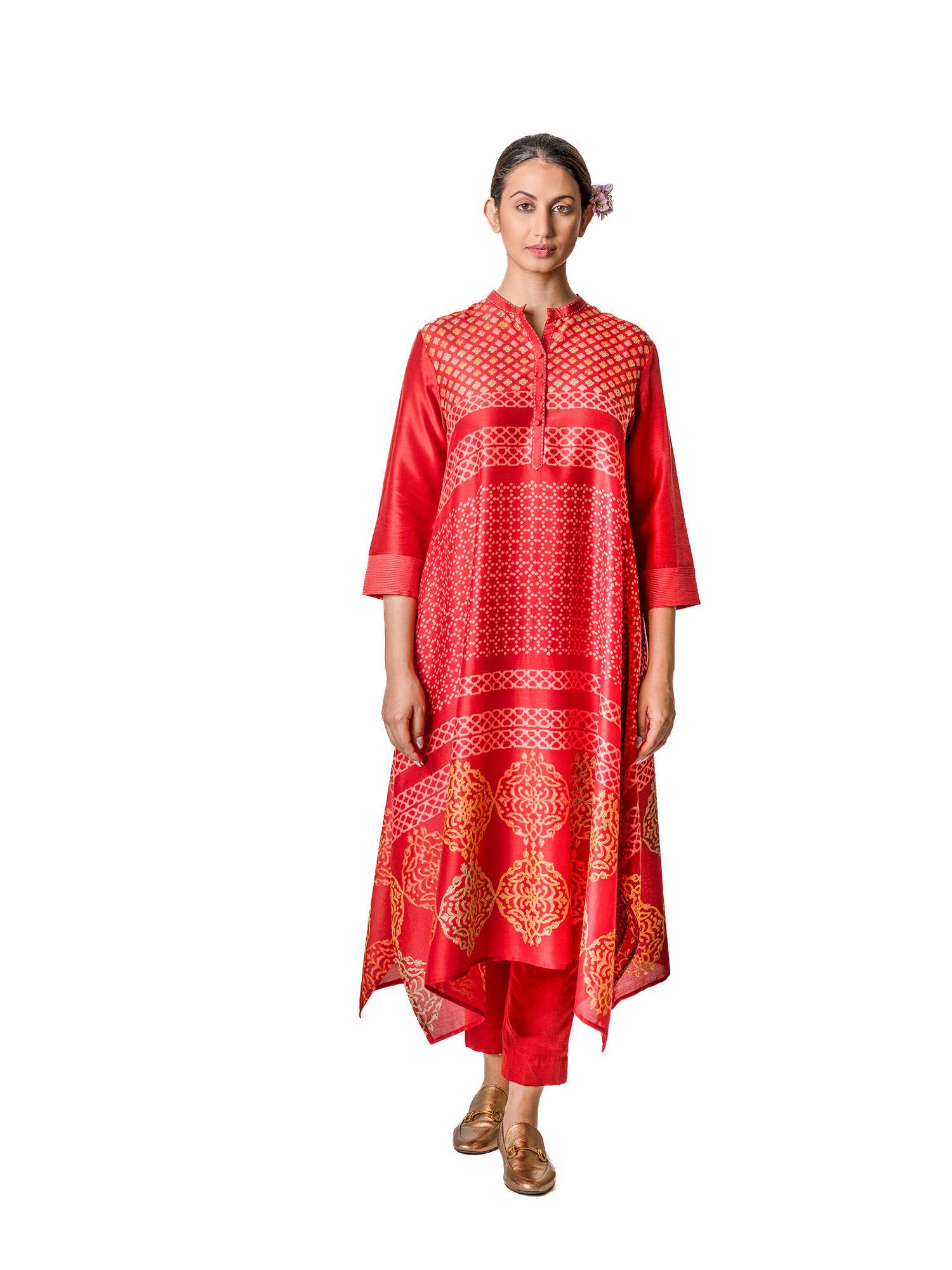 red chanderi tunic with floral & geometric block print