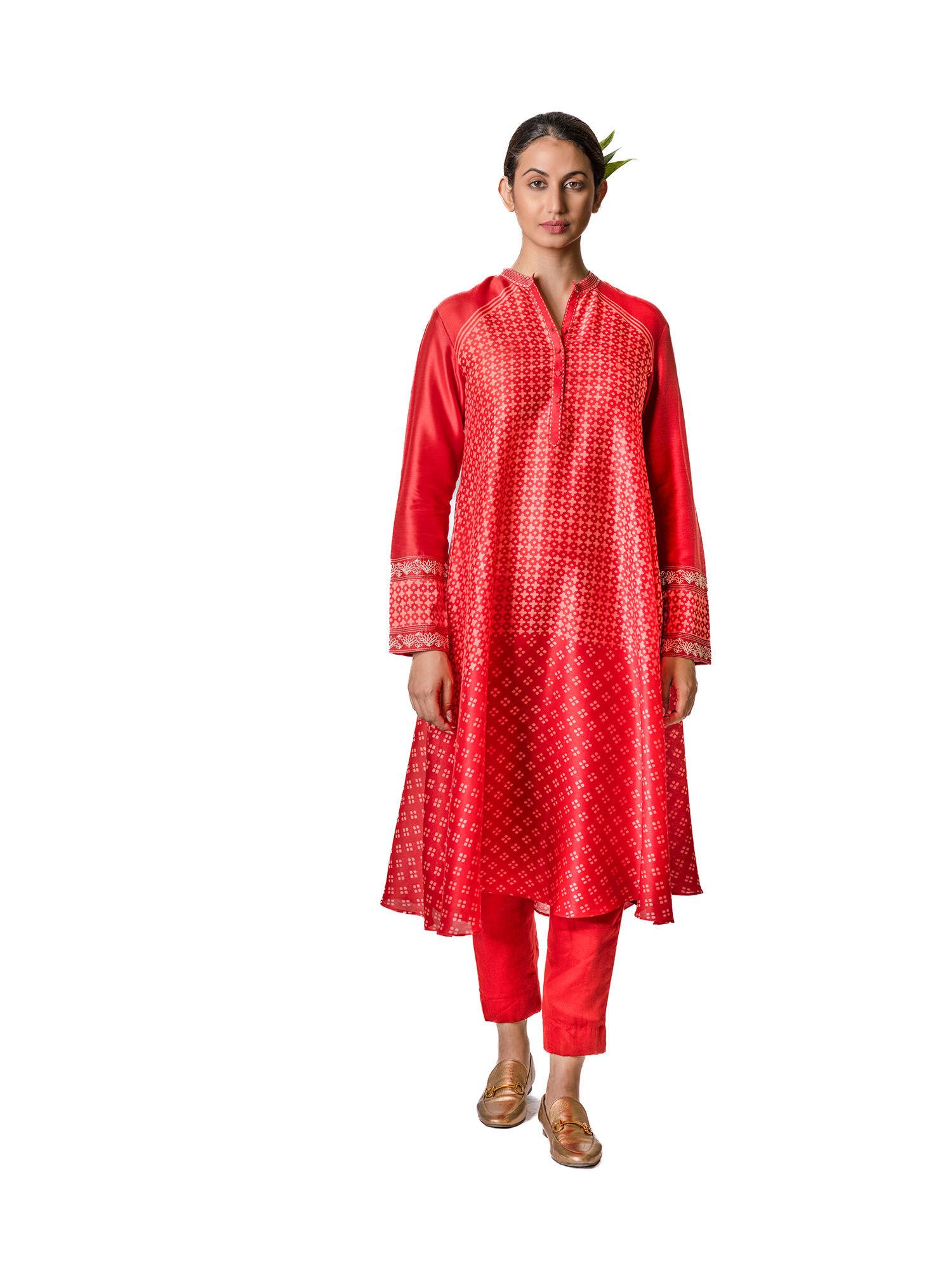red chanderi tunic with geometric block print