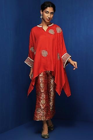 red chanderi zardosi embroidered kaftan tunic