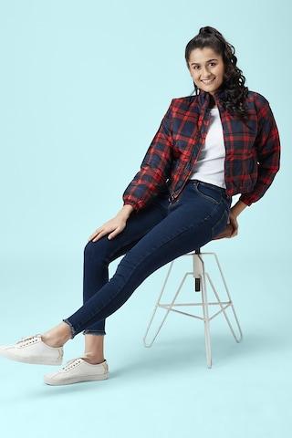 red check casual full sleeves high neck women crop fit jacket