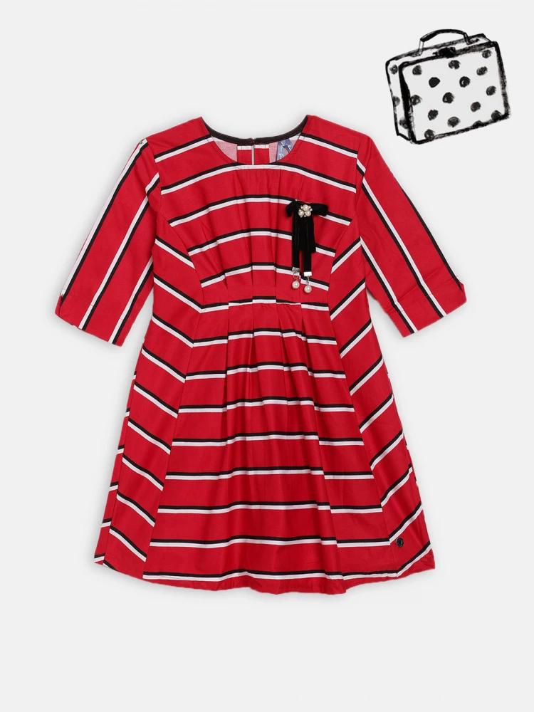 red check striped round neck dress