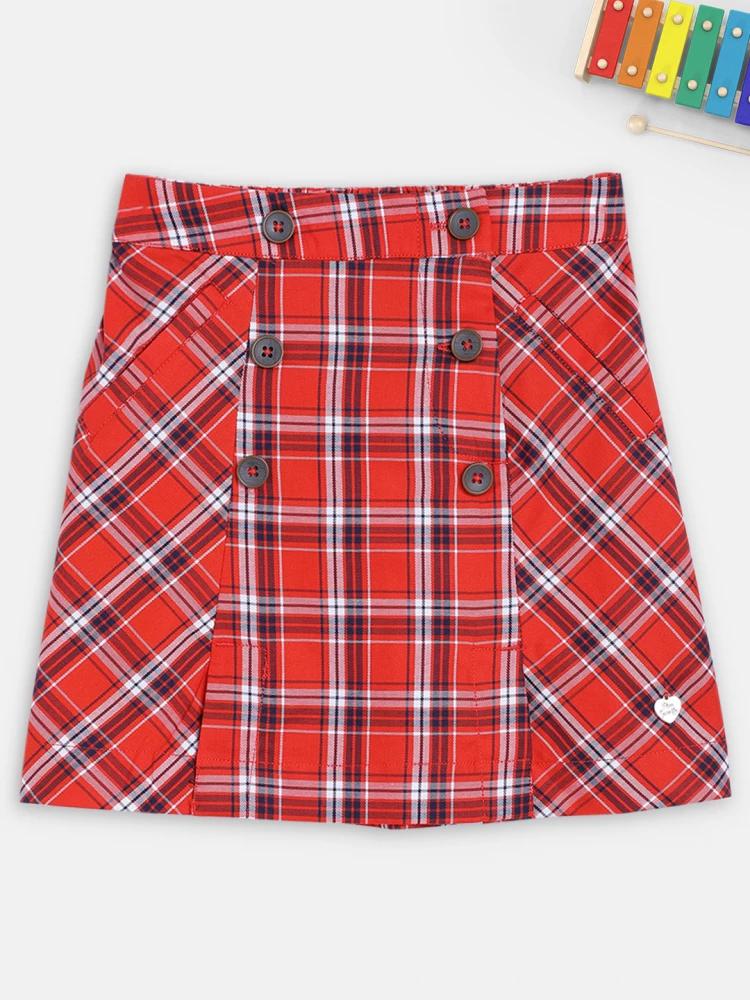 red checked straight fit skirt
