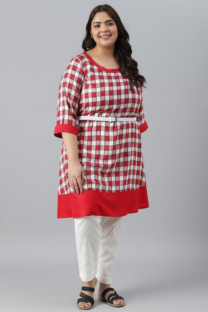 red checker dobby plus size kurta with belt