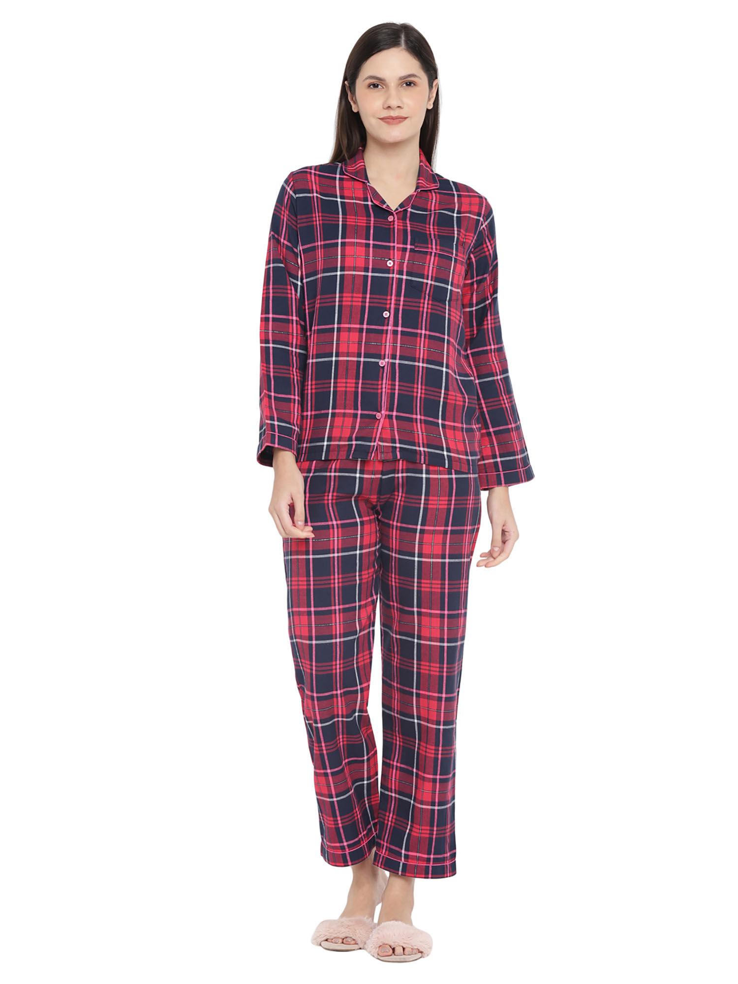 red checks cotton flannel long sleeves shirt with pyjama (set of 2)