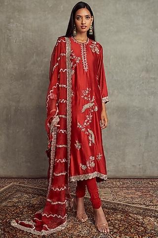 red cheniya silk kurta set