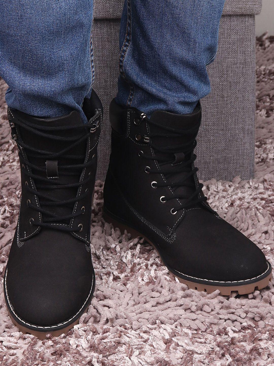 red chief men black solid leather high-top boots