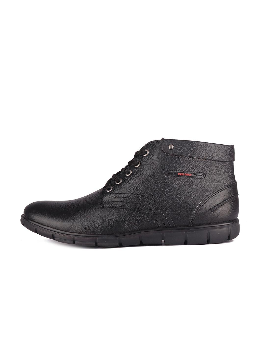 red chief men black solid leather mid-top flat boots