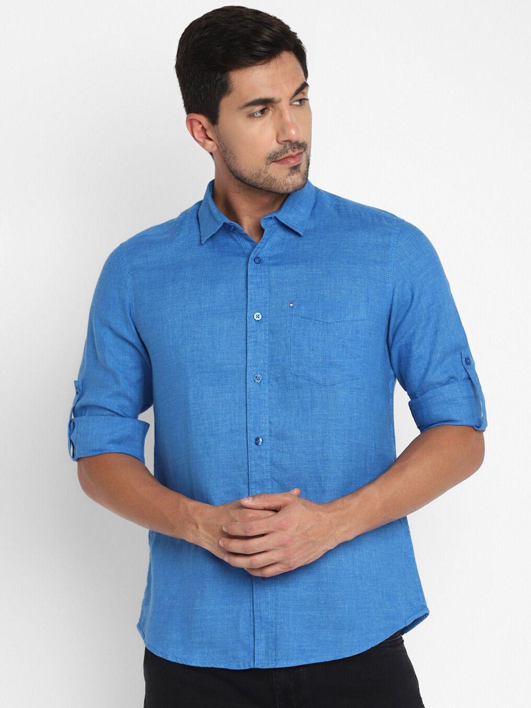 red chief men blue slim fit pure linen casual shirt