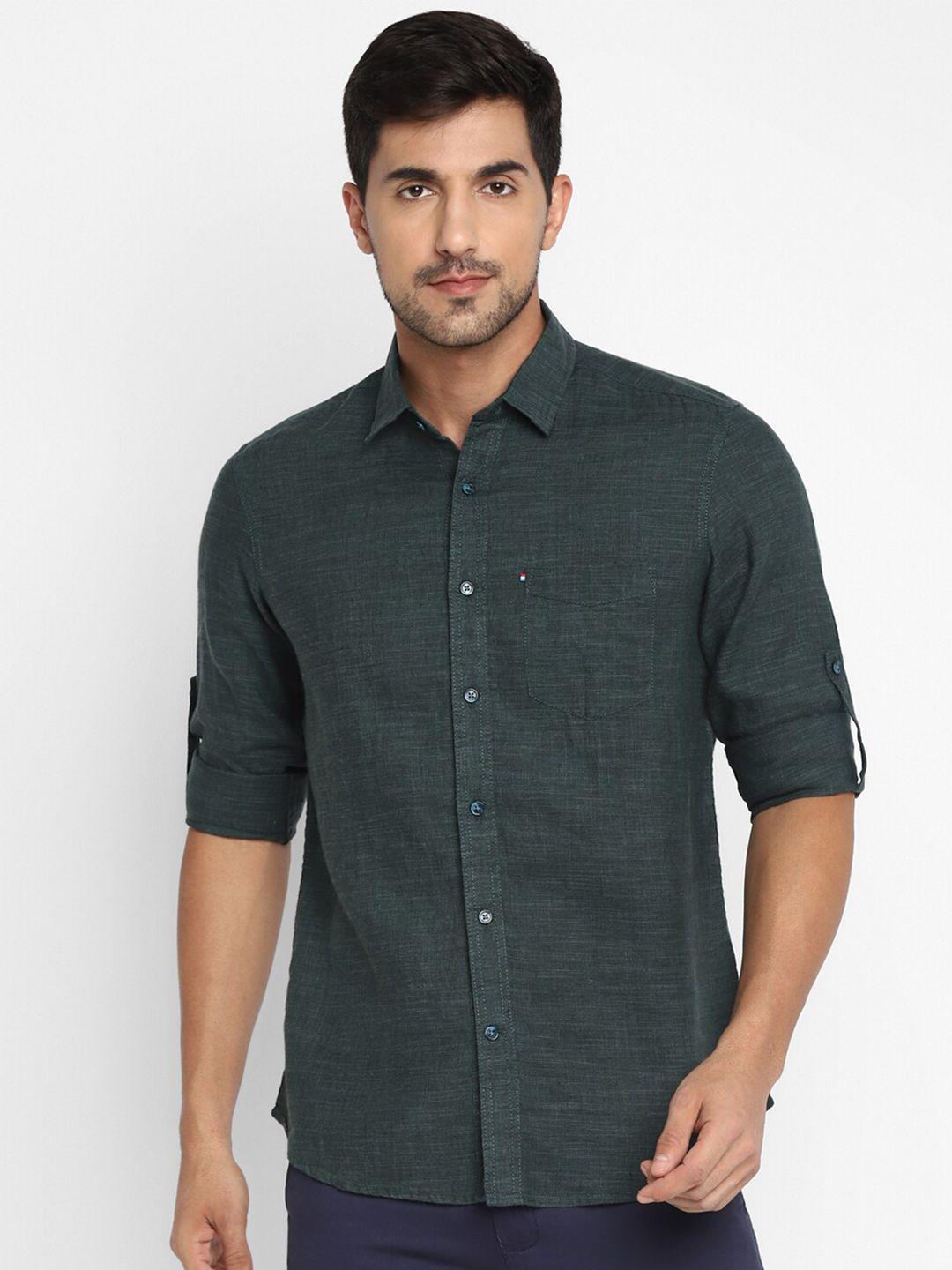 red chief men green slim fit pure linen casual shirt