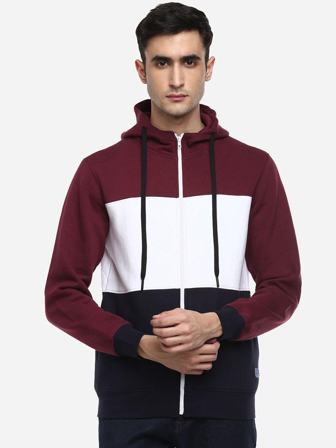 red chief men maroon & white colourblocked hooded sweatshirt